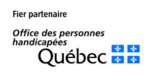 Logo avec la mention Fier partenaire, Office des personnes handicapées du Québec, suivi du drapeau du Québec.